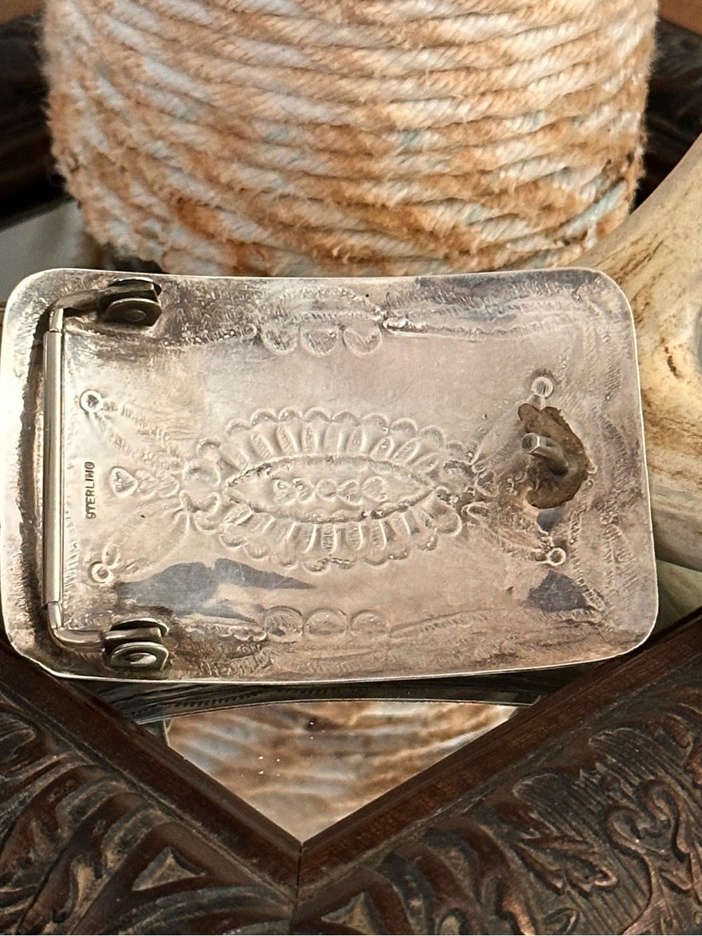 Native Sterling Silver Rectangular Belt Buckle - Intricate Stamped Design - Picture 4 of 6